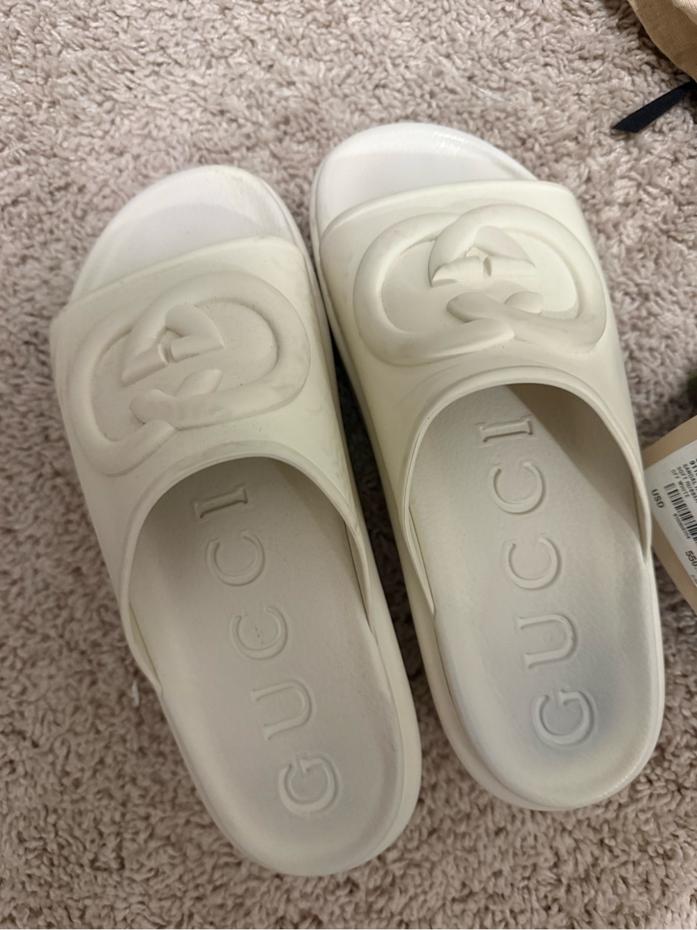 Gucci Cream Rubber Double G Slide Sandals - Women's